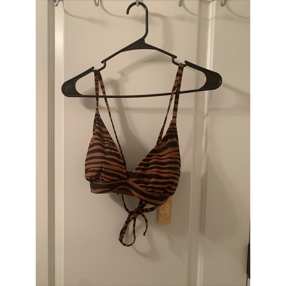 Womens Zebra Print Cross Tie Back Bikini Top Brown Black Kona Sol Size Small